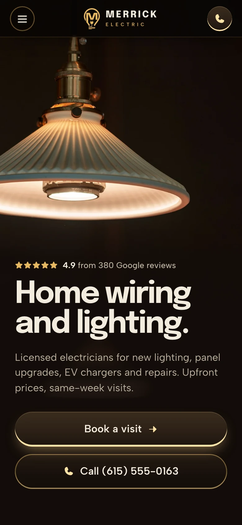 The Merrick Electric site on the phone: a lit pendant lamp over the words Home wiring and lighting, with a Book a visit button and a Call button