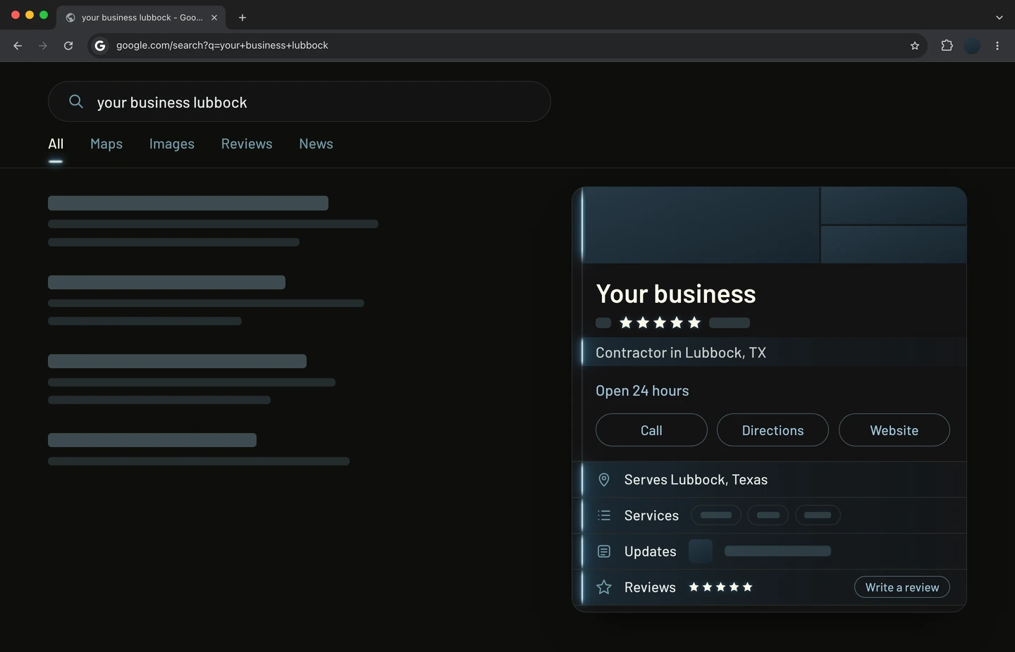 Illustration of a Google Business Profile in a desktop browser, in the site's colours, beside the search results it appears with, the six things this section lists lit