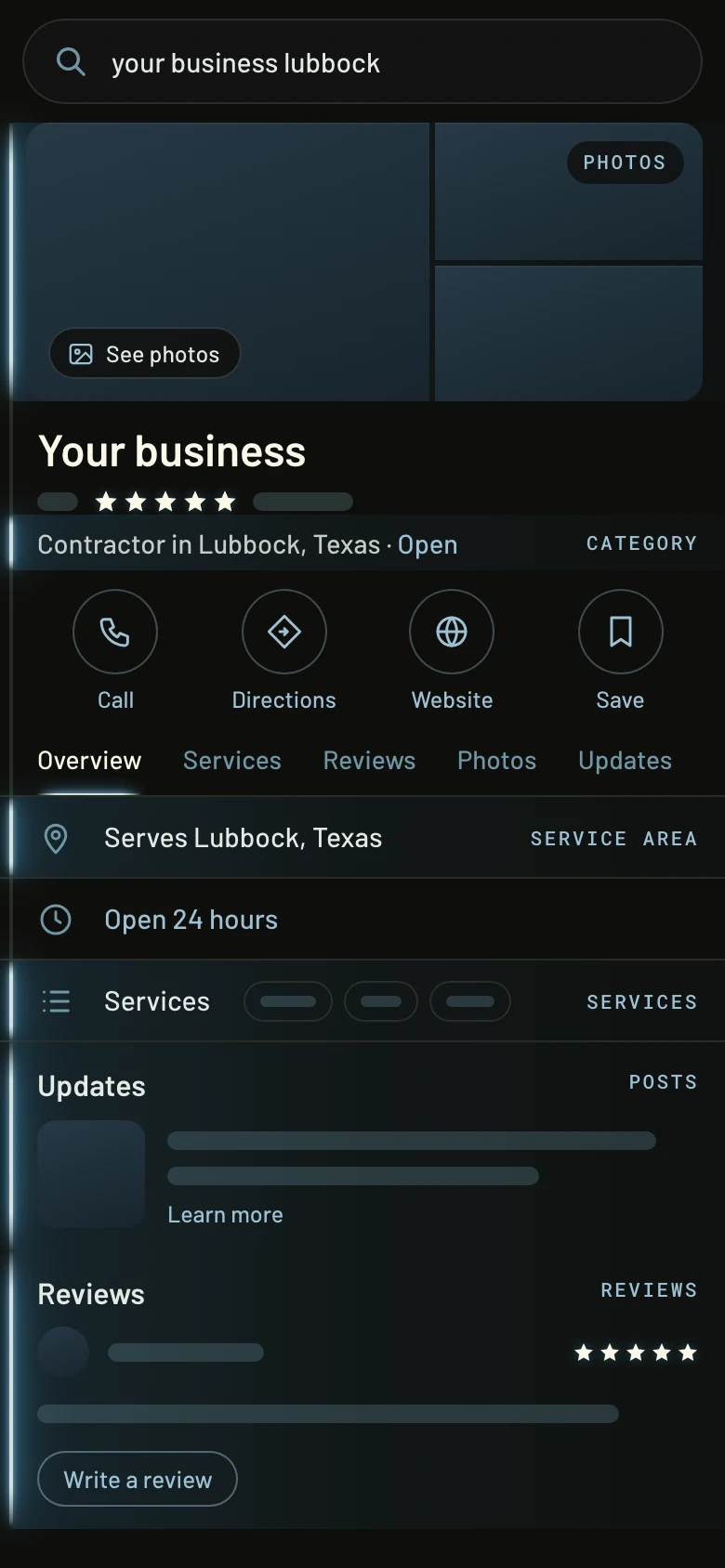 Illustration of a Google Business Profile on a phone, in the site's colours, with the six things this section lists lit: the photos, the category, the service area, the services, the posts and the reviews