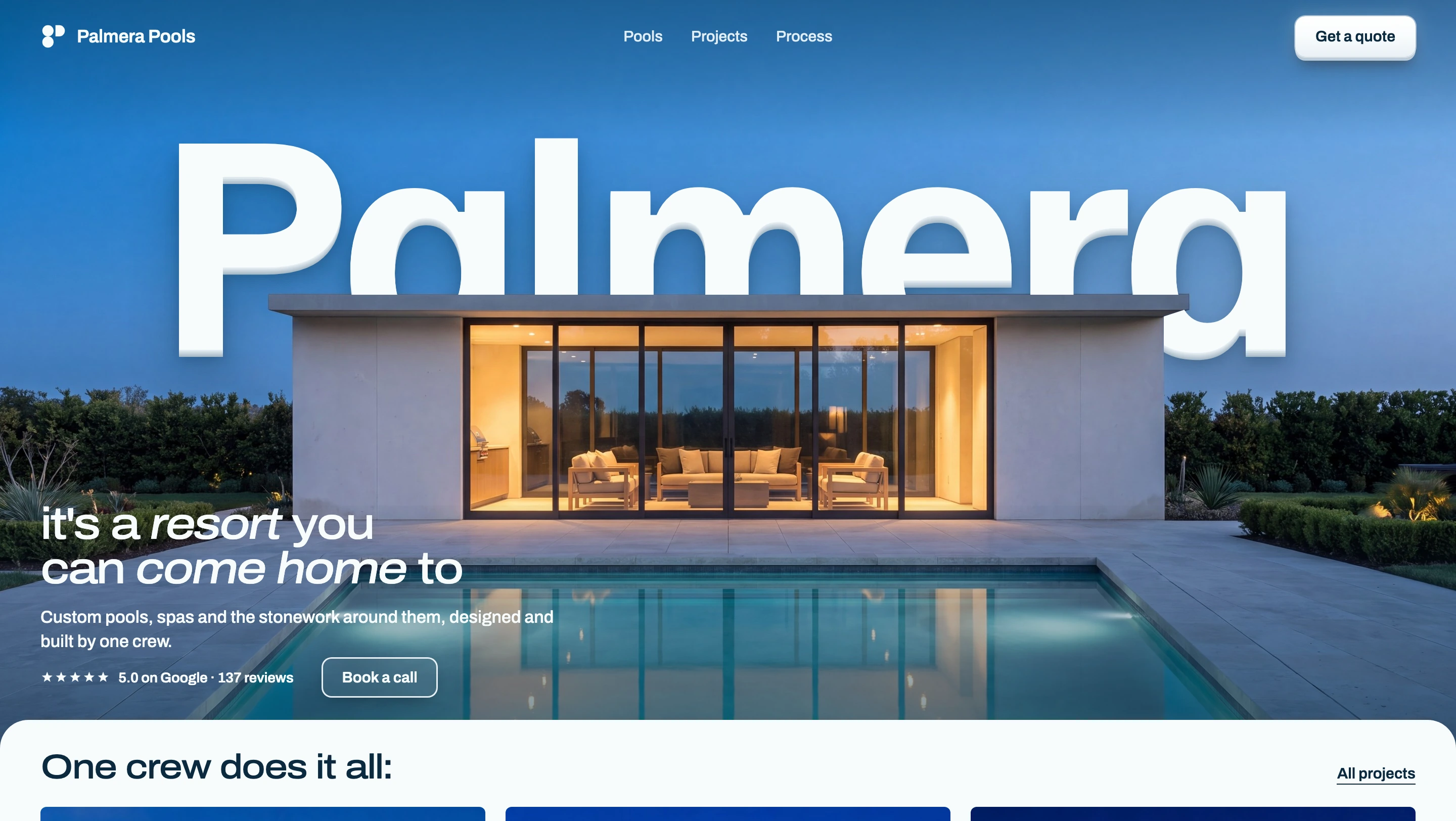 The Palmera Pools site on the laptop: the name across the sky behind a lit pool house, the pool, and the copy on the deck