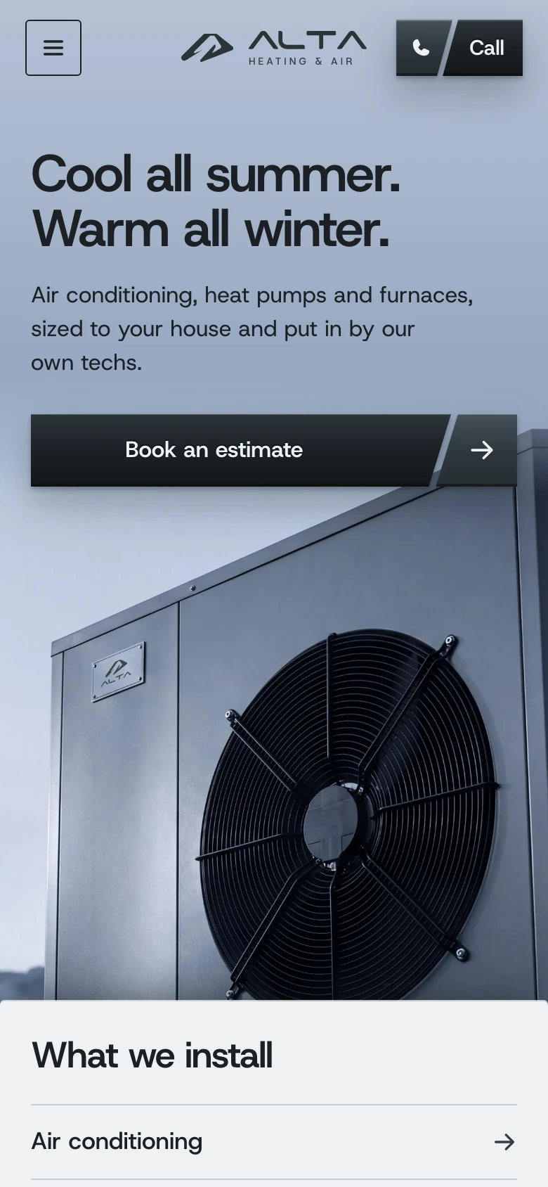 The Alta Heating and Air site on the phone: cool all summer, warm all winter, over an outdoor unit in mountain fog