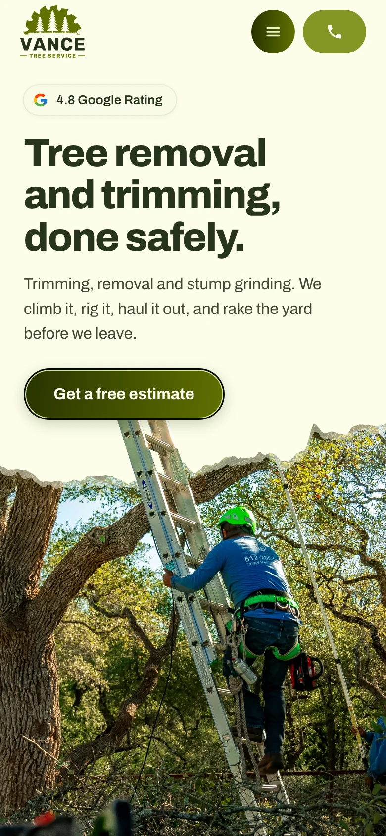 The Vance Tree Service site on the phone: the saw blade logo, Tree removal and trimming, done safely, and a climber on a ladder under a torn paper edge