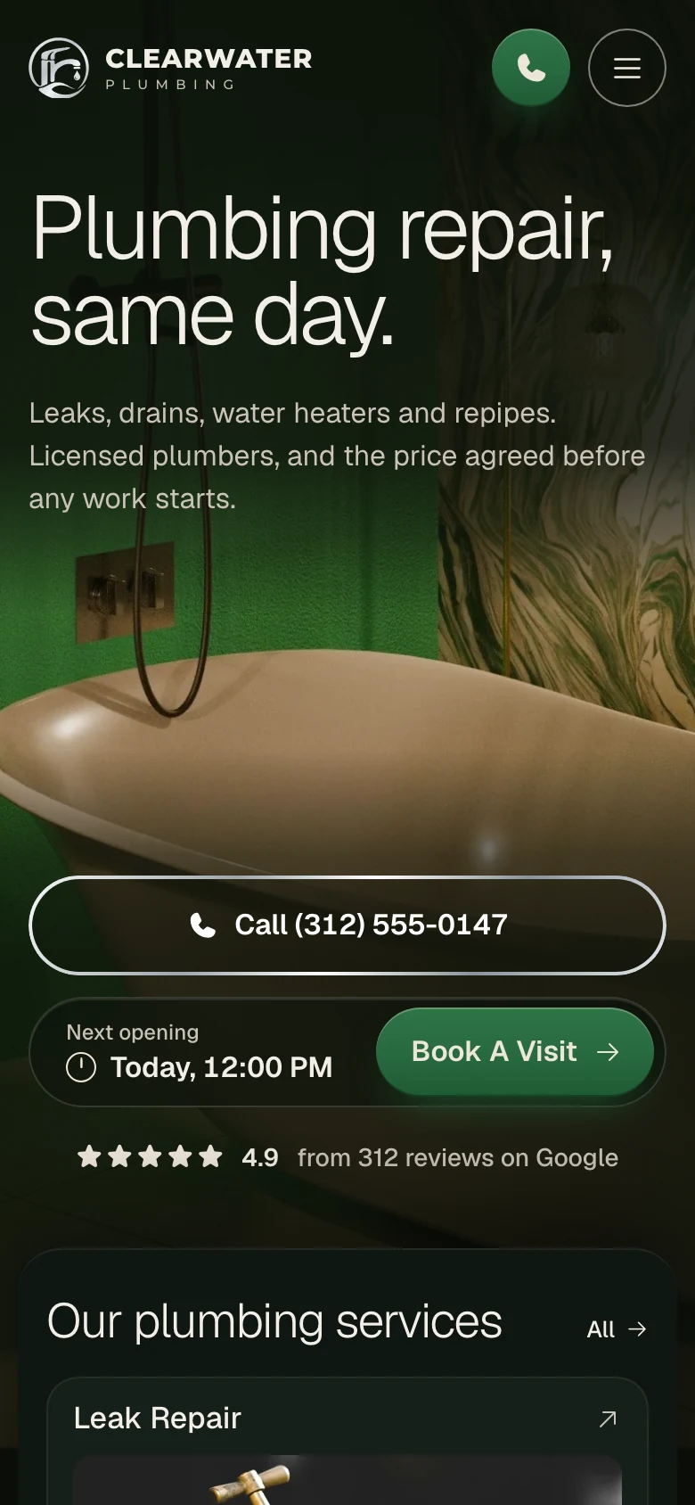 Plumbing website design example: Clearwater Plumbing's home page on a phone