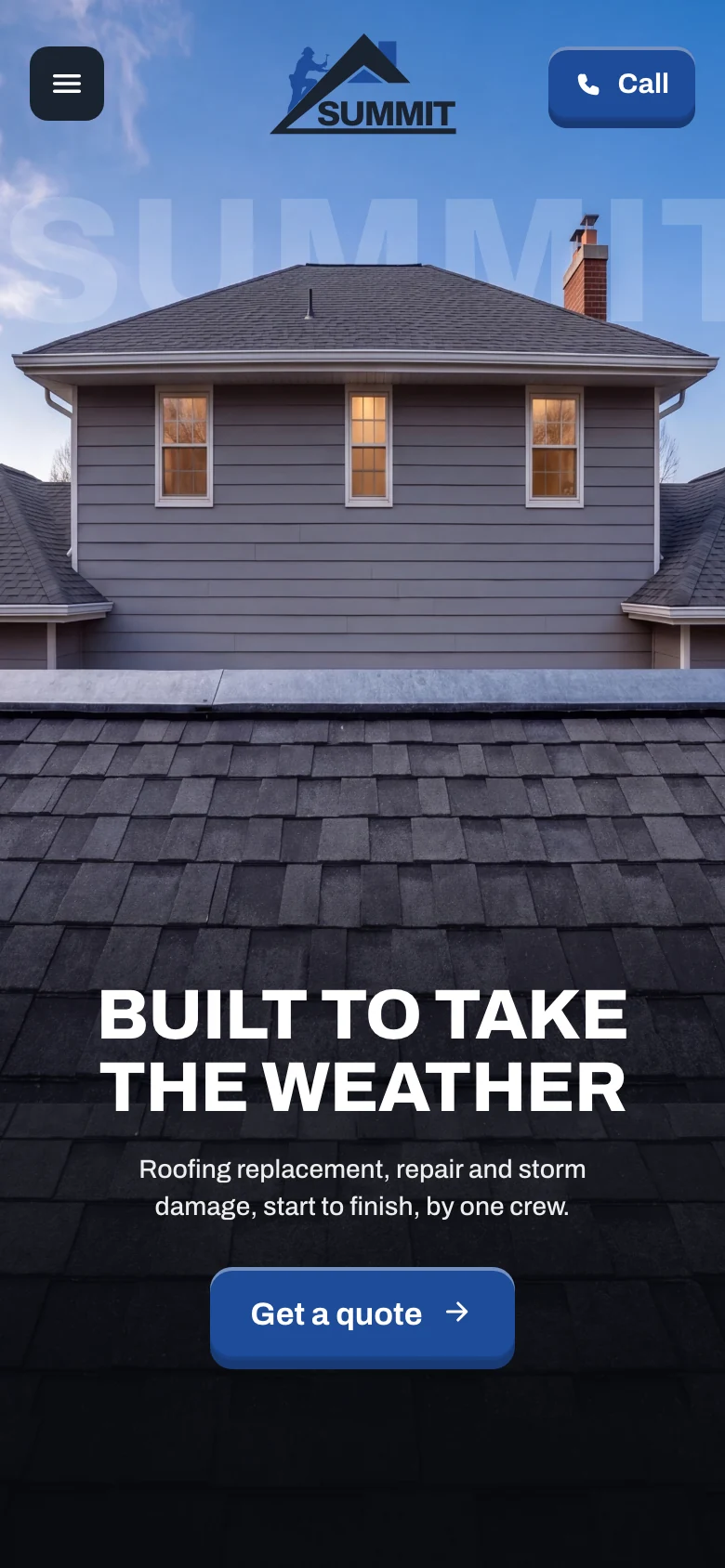 The Summit Roofing site on the phone: the name across the sky behind a gray house, a shingle roof, and Built to take the weather over it