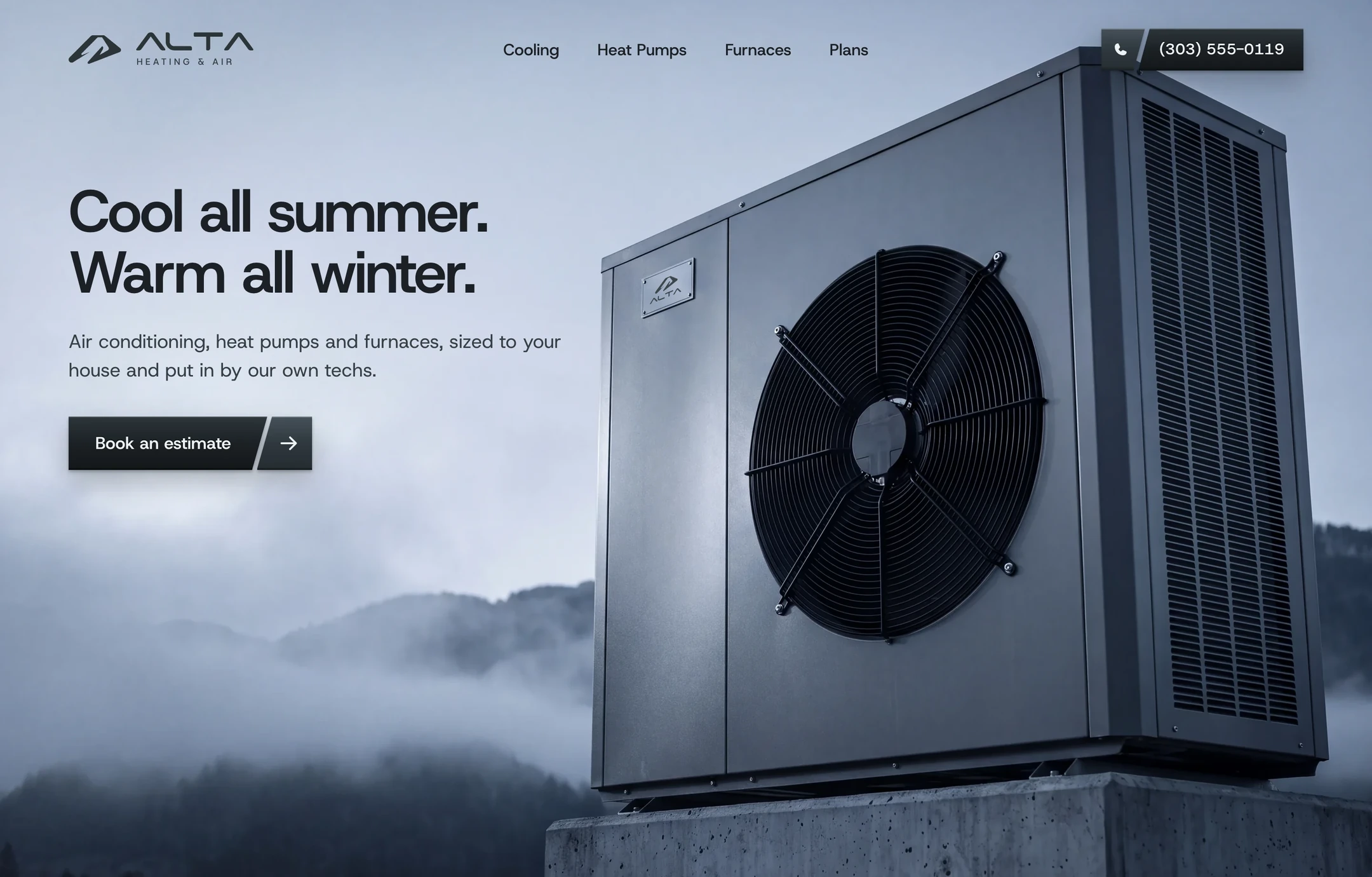 HVAC website design example: Alta Heating & Air's home page on a laptop