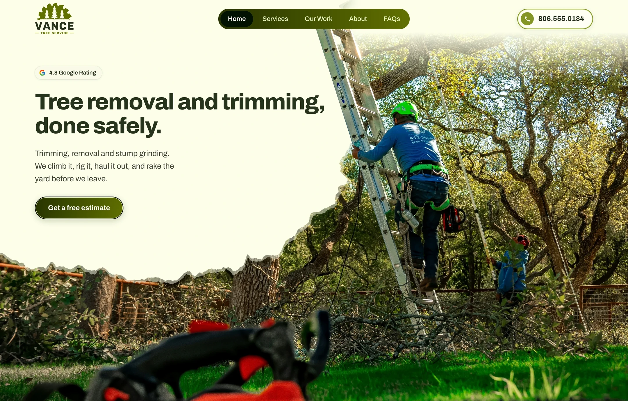 Landscaping website design example: Vance Tree Service's home page on a laptop