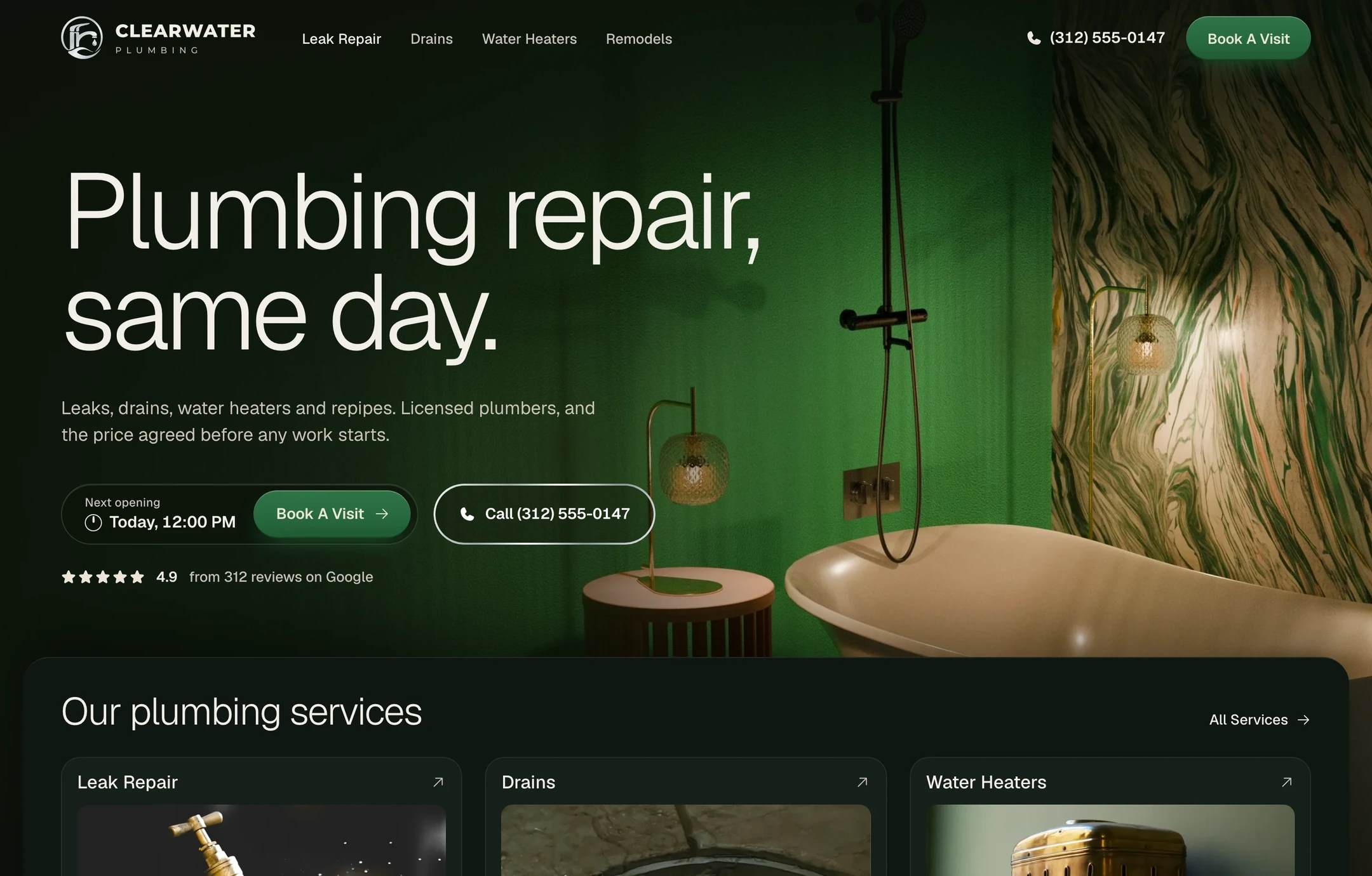 Plumbing website design example: Clearwater Plumbing's home page on a laptop