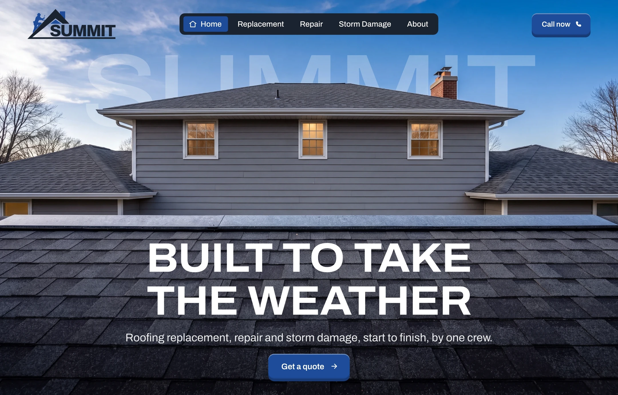 Roofing website design example: Summit Roofing's home page on a laptop