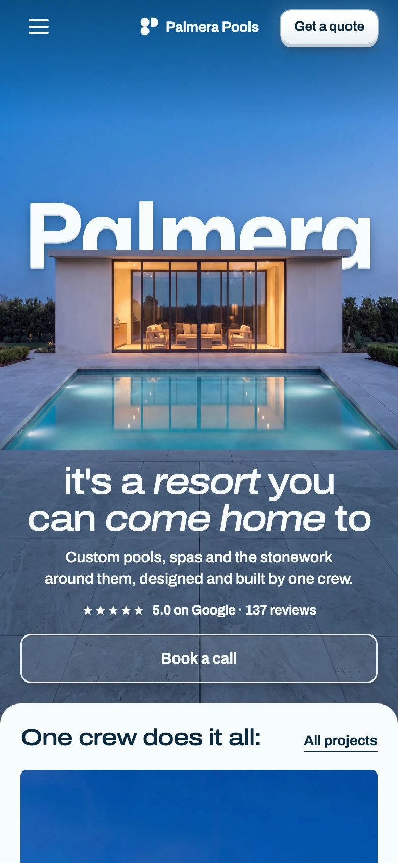 The Palmera Pools site on the phone: the name across the sky behind a lit pool house, the pool, and the copy on the deck