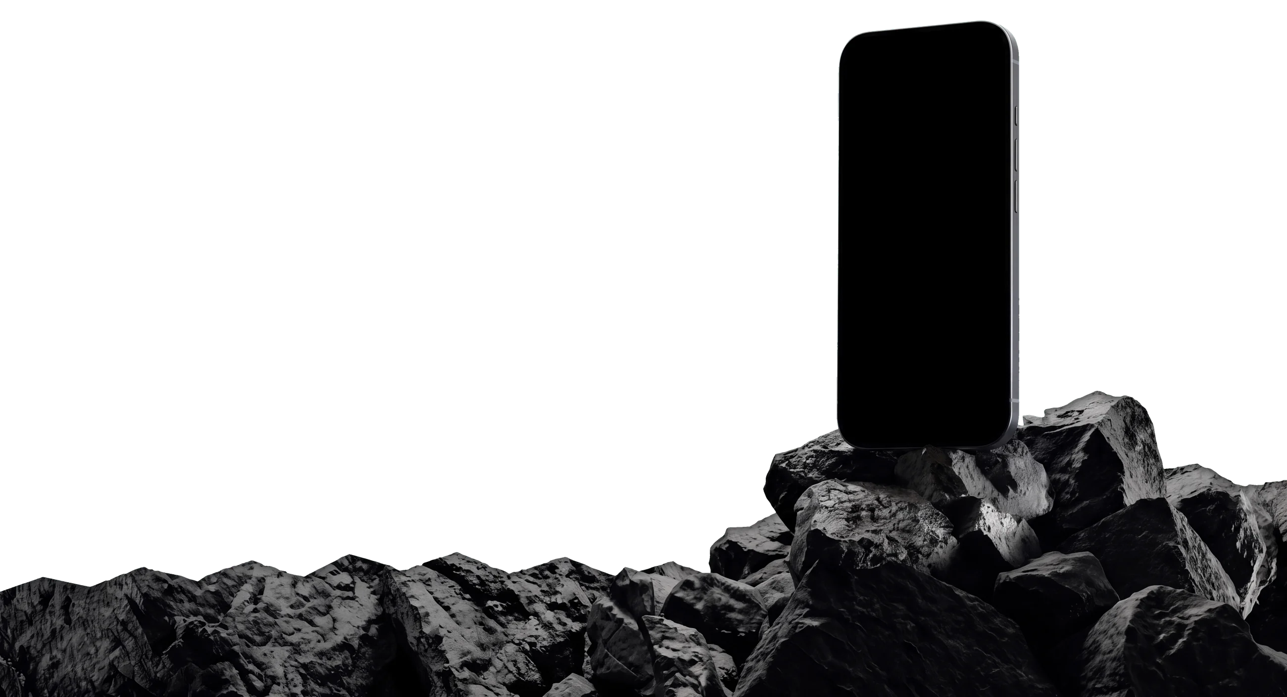 A low ridge of dark rock across the section, rising on the right into a pile a large graphite phone stands on